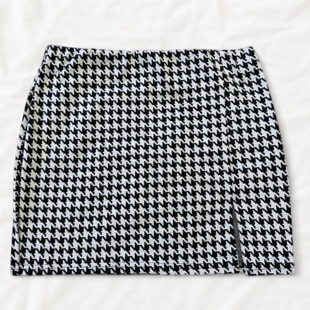 Fashion Nova Black White Houndstooth Mini Skirt Side Slit Preppy Y2K XL